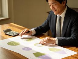 木の机で資産配分を確認する潤平 竹間