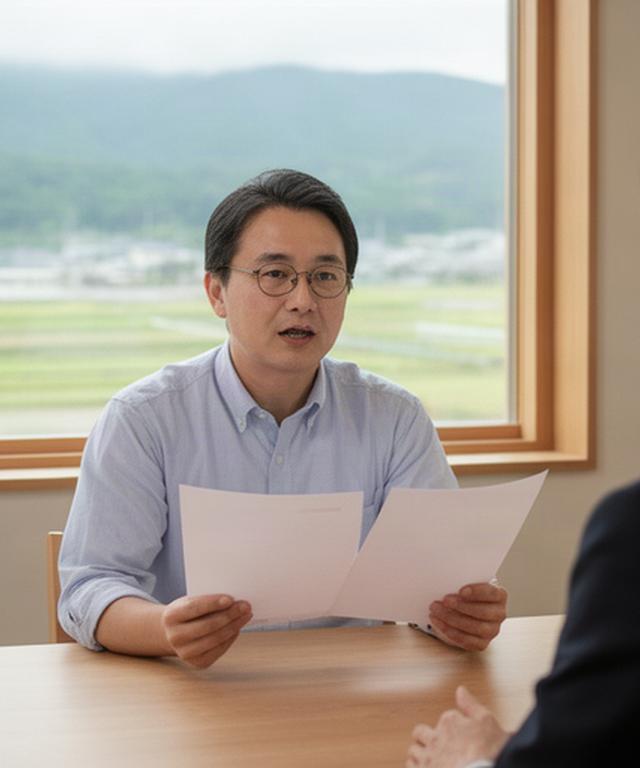 南伊勢町の相談室で資料を手に話す投資アドバイザーと窓から見える地域の景色